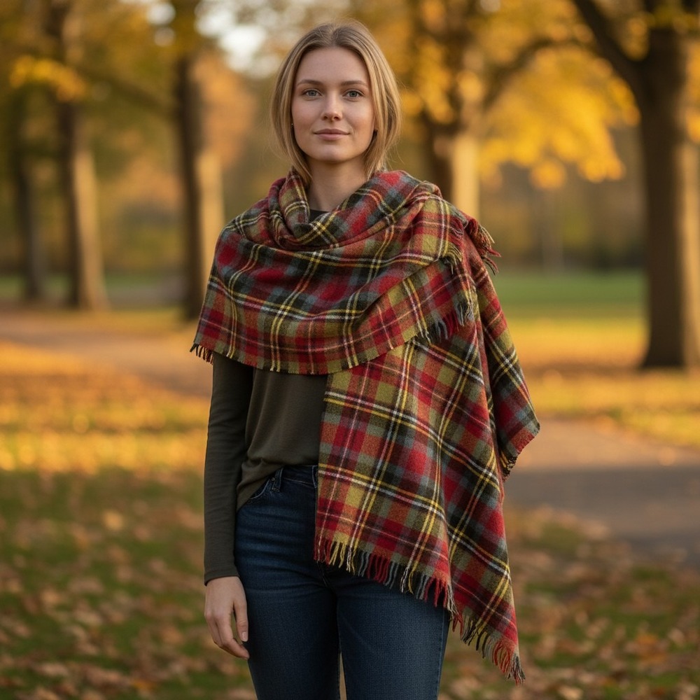 Dalgliesh Plaid Wrap Women OS Red Olive 100% Wool Scotland Tartan Fringed Shawl